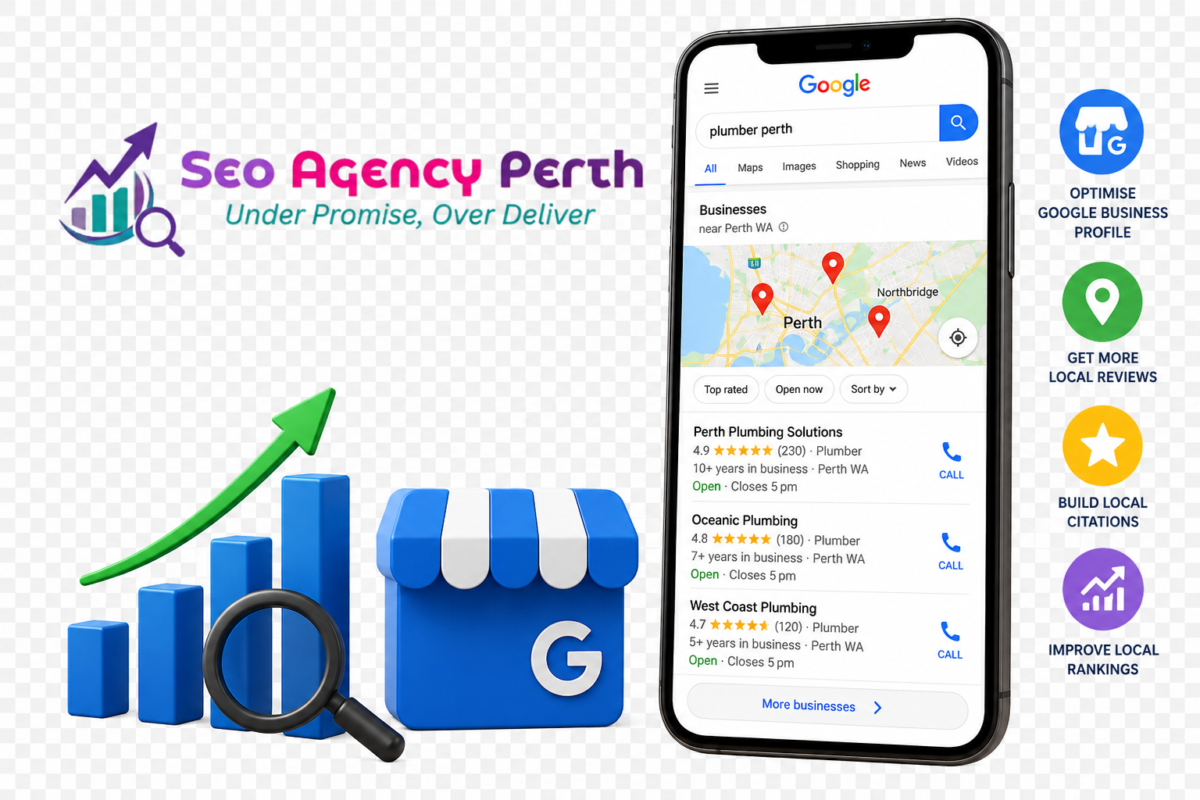 Local SEO in Perth showing Google Maps rankings, local 3-Pack results, business profile optimization, reviews, citations, and local search growth.