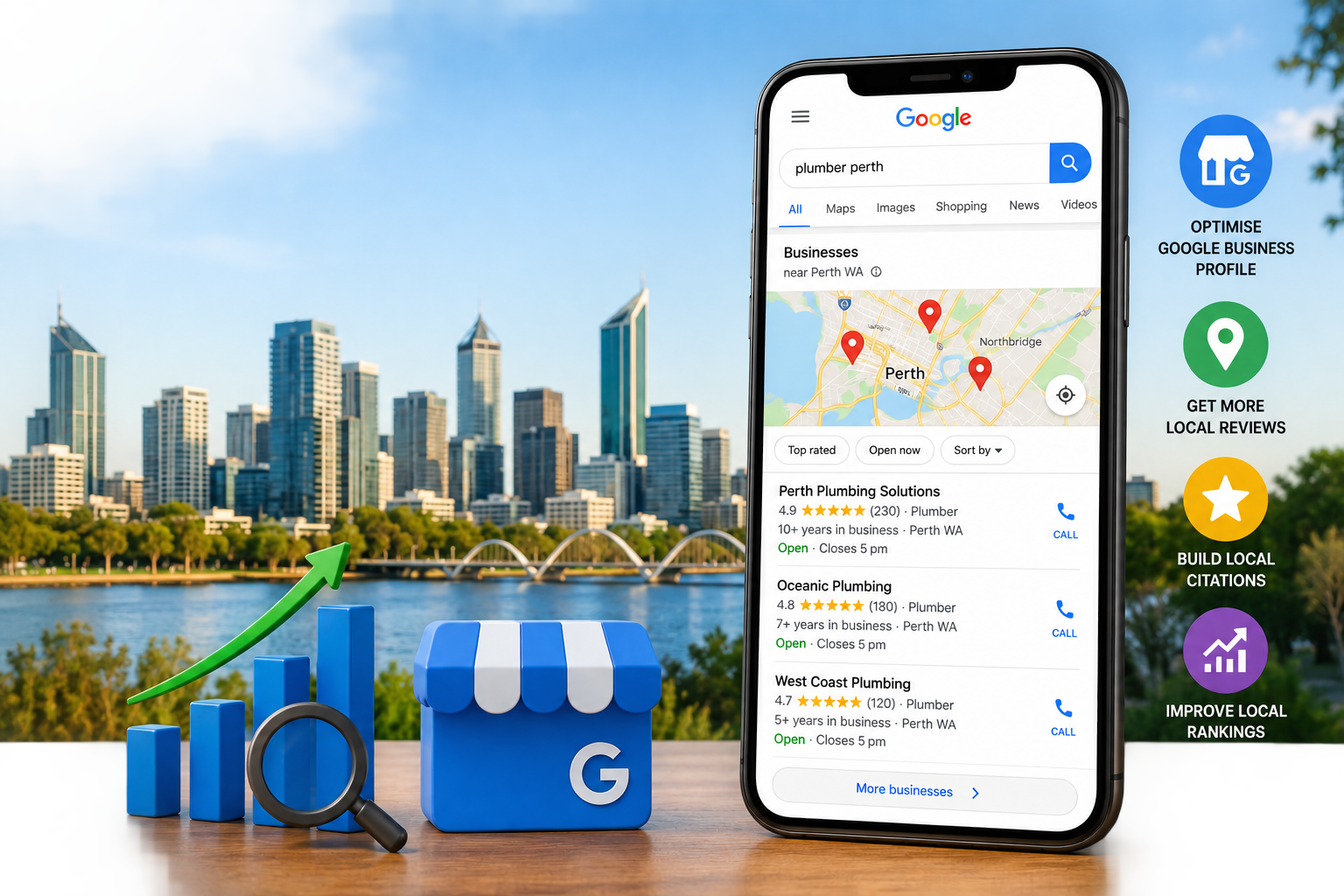 Local SEO in Perth showing Google Maps rankings, local 3-Pack results, business profile optimization, reviews, citations, and local search growth.
