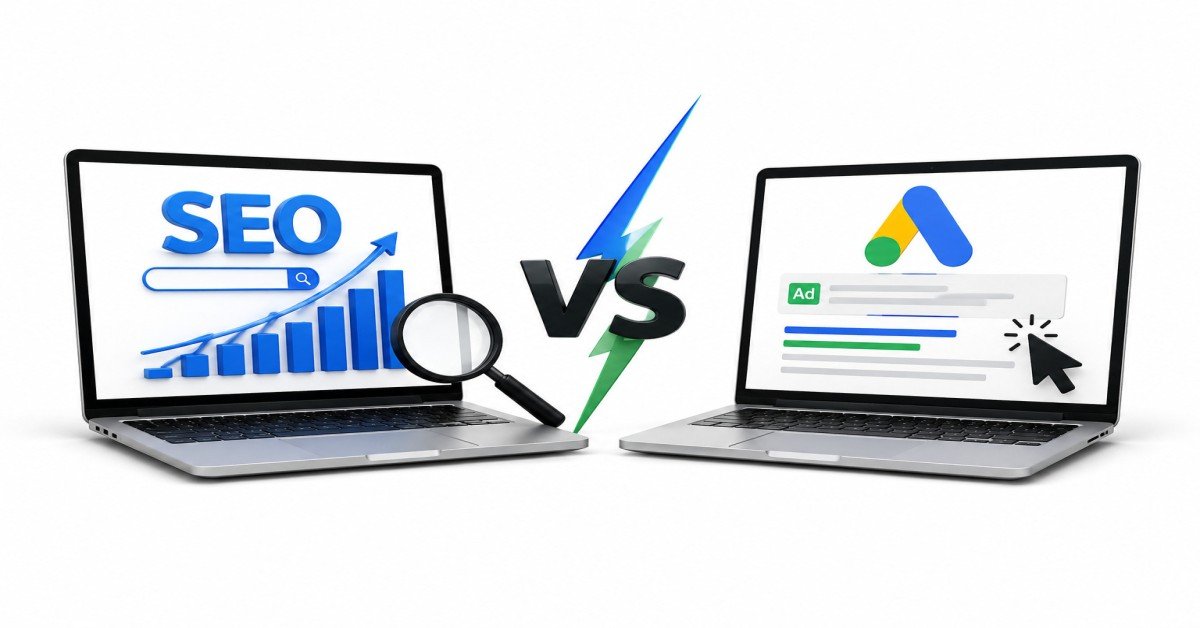 SEO vs Google Ads comparison for Perth businesses showing laptops with SEO and Google Ads marketing strategies