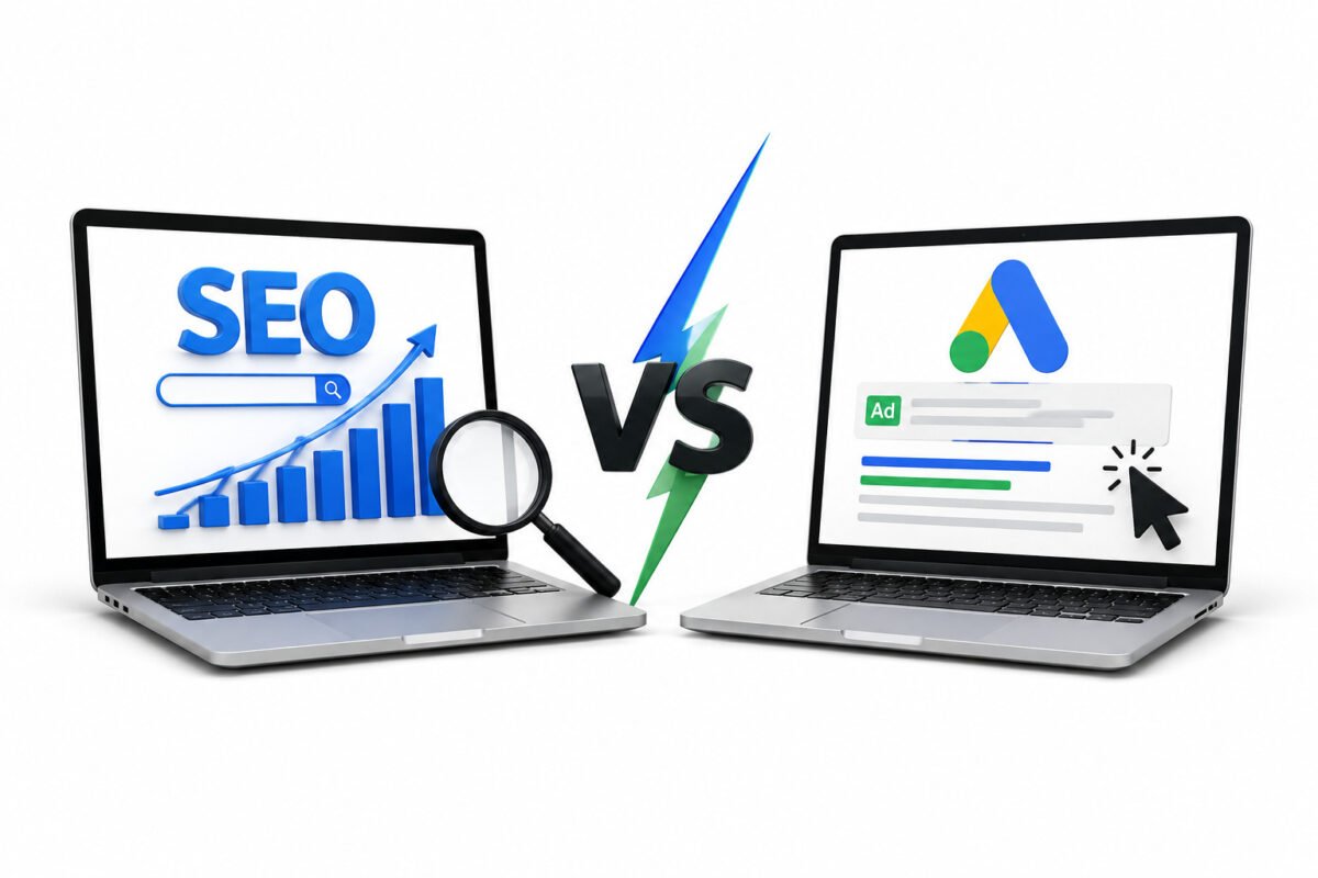 SEO vs Google Ads comparison for Perth businesses showing laptops with SEO and Google Ads marketing strategies