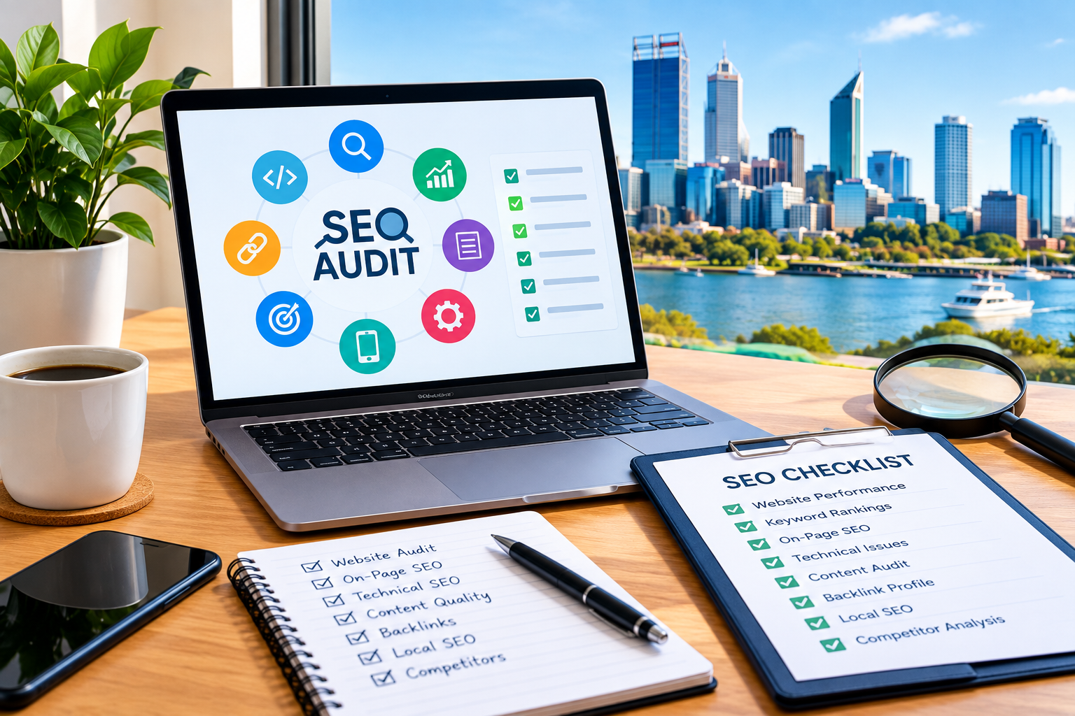 SEO audit report showing website performance, technical SEO, content, backlinks, and keyword analysis